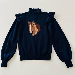 Janie and Jack Girls 10 Horse Blue Ruffle Neck Sweater